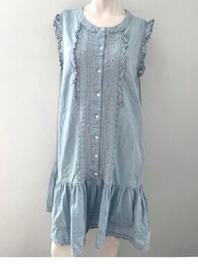 Draper James Size XXL Powder Blue Denim Ruffle-Trim Button Mini Dress